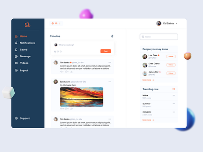Timeline Screen branding buttons clean colors concept creativity design figma followers fresh new profiles screen shapes timeline trending typography ux web