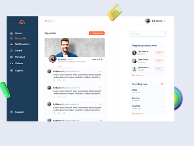 The "My profile" screen 🧠 branding buttons clean colors concept figma myprofile new post profile project search shadows social socialmedia trending ui uiux ux