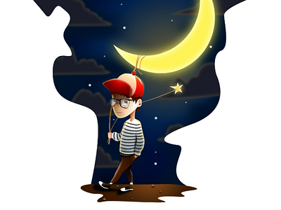 Walking with the moon and star boy cartoon character cool cute design illustration illustration design moon sketch star young
