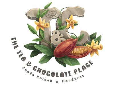 Logo with history beans botanical cafe chocolate cocoa flowers garden glyph letters logo maya mayan museum stone tea vanilla