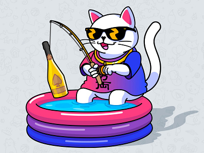 The cat with a fishing rod in a pool