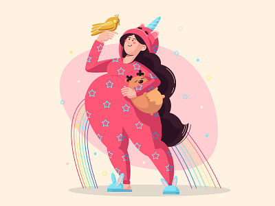 Unicorn girl adobe illustrator character character design design fat fatty girl happiness happy human illustration jumpsuit pajamas parrot person pink stars unicorn vector woman