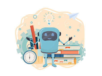 Positive character chat bot book character chatbot concept education flat illustraion illustrator learning online robot study tutor vector