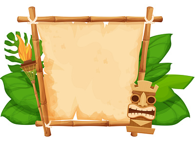 Hawaii Tiki Frame with bamboo and old pasrchment background cartoon flame frame game gui hawaii illustration mask paper parchment summer textured tiki torch ui vector