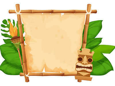 Hawaii Tiki Frame with bamboo and old pasrchment background cartoon flame frame game gui hawaii illustration mask paper parchment summer textured tiki torch ui vector