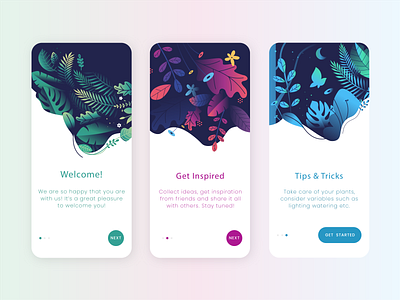 Onboarding Magic Plant World 🌱 app colours daily dailyui design fresh gradients illustration onboard onboarding plants screens ui