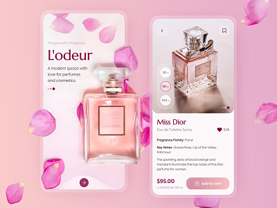 Fragrance & Cosmetics Store App app cart cosmetics description design flowers gradient illustration inspiration item page mobile app online shopping parfumes petals store ui welcome page