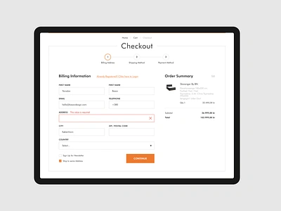 Checkout page for Bedrenaetter magento website basov bed bedroom bedtime checkout checkout form checkout page ecommerce ecommerce design eu interior magento 2 magento2ecommerce minimal orange responsive shop store ui web