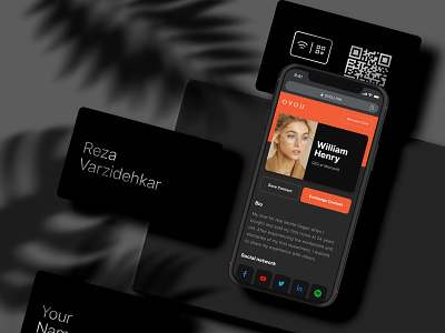 Digital vcard OVOU project. Dark / black theme. Digital Business add to contact black branding card design contact sharing dark theme graphic design logo profile share contact ui vcard web