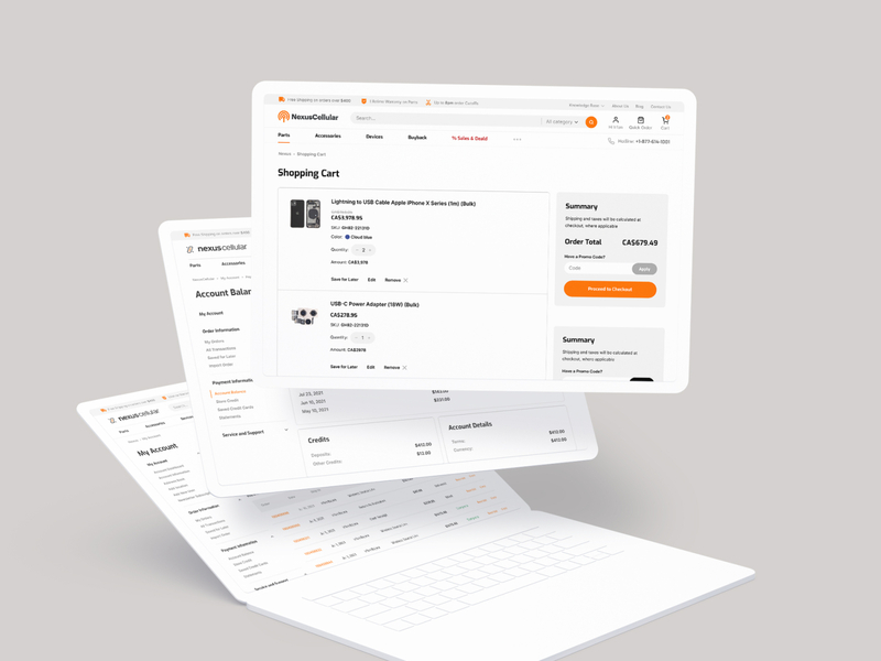 Shopping cart / My account pages for NexusCellular website 2021 accessories basovdesign canada carriers catalog cellular ecommerce logo magento magento2 nexuscellular orange parts phones product list shop store ui ux web