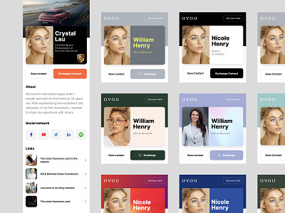 Different color card designs. Screens for OVOU Business Card add to contact card design colors contact contact sharing corporate profile ecommerce minimalism mobile design mobile ui profile profile card profile design profile page share contact smart business card theme ui uidesign web