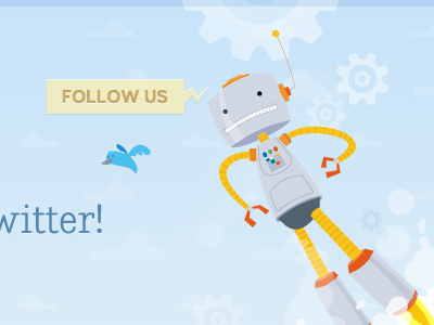 Follow Us + Cogs blue button clouds robot twitter