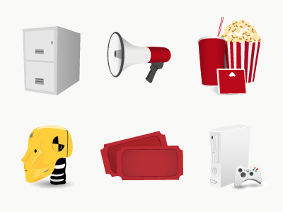 Icon Set for Help bull horn crash test dummy dummy file cabinet help icon illustration movie popcorn ticket xbox