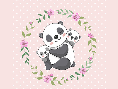 Cute panda with babies on pink background with flowers baby greeting card illustration kids illustration love you mom panda vector vector art vector illustration