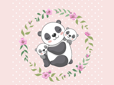 Cute panda with babies on pink background with flowers