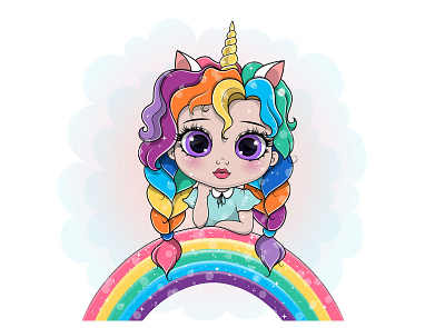 Cute girl unicorn leaning on a rainbow baby colored hair disney art doll girl illustration illustration kids illustration rainbow unicorn vector vector art vector illustration
