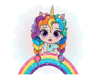 Cute girl unicorn leaning on a rainbow