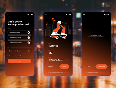 Night Skating - Sign-up page black city daily challenge 001 dailyuichallenge night onboarding orange signup skating ui