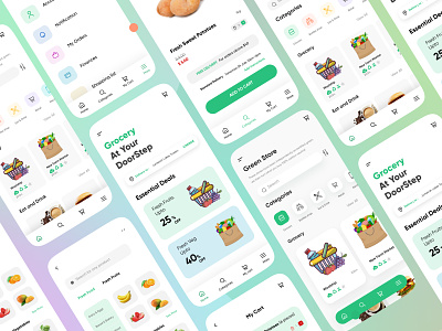 Grocery Mobile App- UI Kit clean designui foodapp goodsforsale groceryapp minimal mobile design mobileapp mobileappdesign mobileui modern onlineshopping saleproduct trendy typography uxui uxuidesign uxuidesigner vector