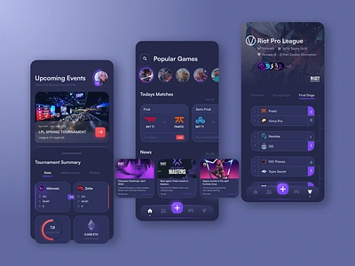 E-sports Tournament App app cybersport cybersport app dark mode esport game gaming gaming app interface isport mobile news sport tournament tournament app ui ux