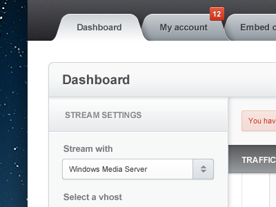 Dashboard for streaming Control Panel admin panel chart control panel cpanel dashboard stats streaming tabs ui