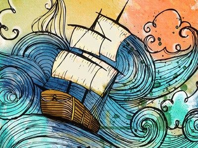 The roughen seas illustration ocean ship watercolor
