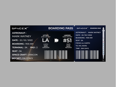 Boarding Pass for SPACEX adobe adobe xd adobexd app challenge dailyui dailyui 001 dailyuichallenge design ui ui ux profile dailyui uiux ux web webdesign