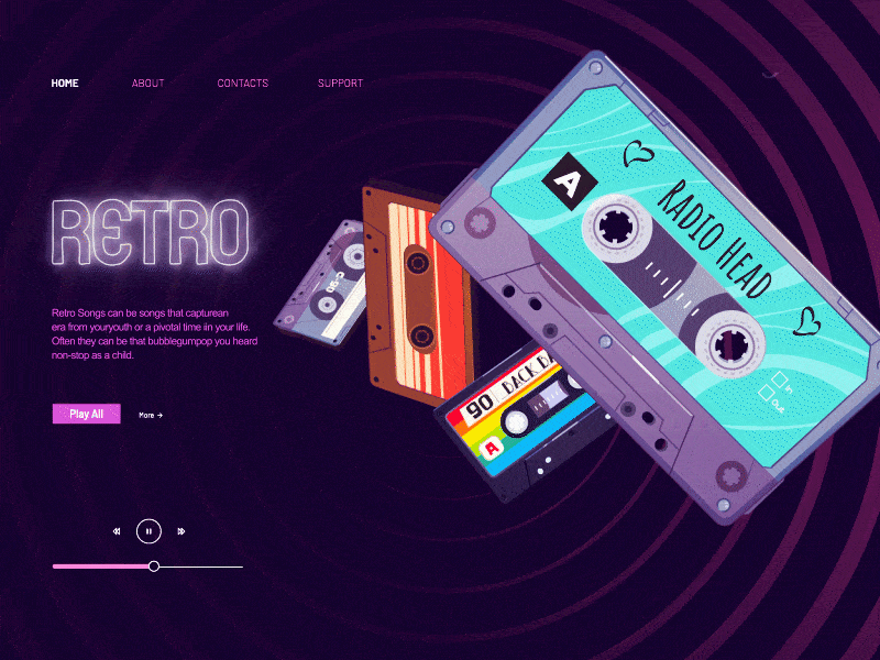 Retro Music Animation For Website animation cassette design graphic design illustration json json animation lottie lottie animation lottie json motion graphics music music animation play retro ui ui animation web animation