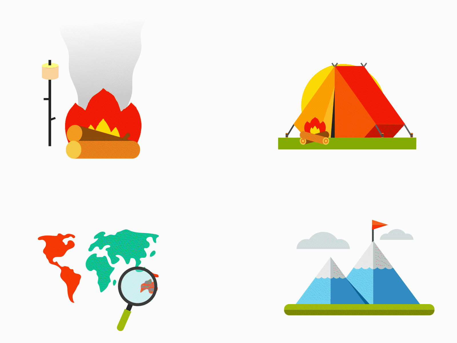 Camping Icon Animations For Website And Mobile App animation camp fire camping design graphic design hill illustration json logo lottie lottie animation motion graphics mountain tent travel ui web animation world map