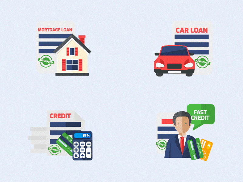 Finance & Banking Icon Animations For Website And Mobile App animation bank animation banking animation car loan credit design fast credit finance animation graphic design home loan illustration json lottie lottie animation mortgage loan motion graphics ui web animation