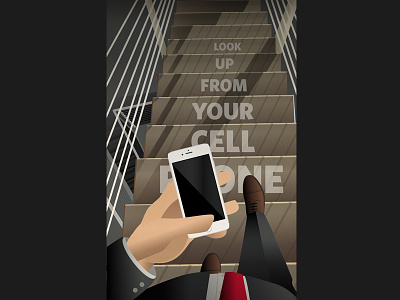 Look Up From Your Phone (Art Deco Safety Poster) art deco concept art distracted illustration iphone man perspective phone poster poster design safety stairs