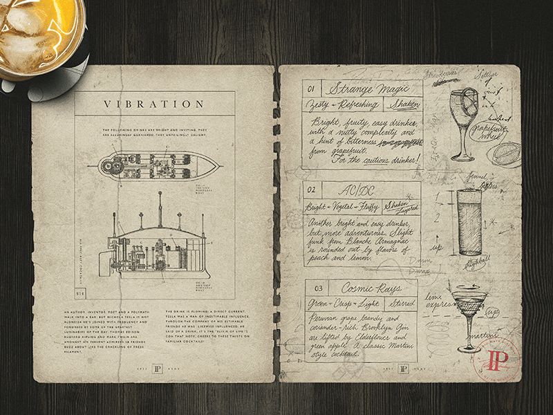 Patent Menu alcohol bar drinks menu monogram nyc patent patent pending speakeasy tesla vibration