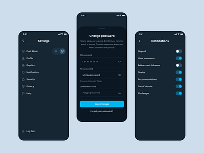 Settings app clean dark darkmode design form manage mobile notification password settings uiux