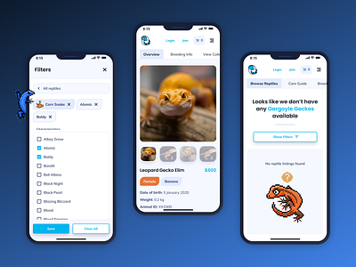 Reptile marketplace adaptive clean design ecommerce filters marketplace mobile pets productpage species ui uiux