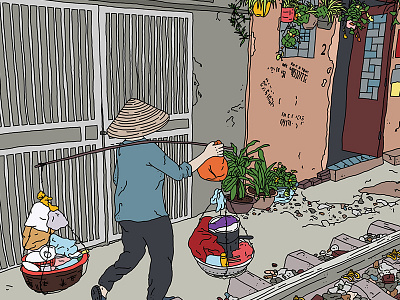 Train Street, Hanoi colour design digital drawing illustration illustrator print vietnam