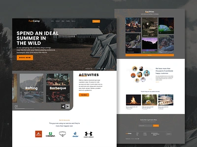 FunCamp Webdesign bonfire brand camp camping campsite design fishing hiking landingpage logo man mountain mountains nature outdoor rafting tent ui ux vector