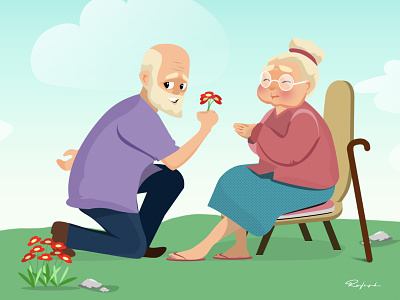 Old Couple Love affection attractive beautiful care flowers illustration illustrations love old couple old love photoshopart propose vector