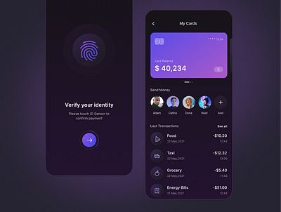 Bank app dailyui dark mode design figma gradient mobile app transactions