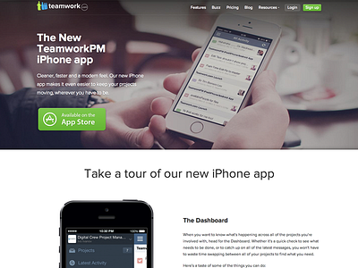 TeamworkPM iPhone App Landing Page app ios ios7 iphone landing page project management project manager teamwork teamworkpm