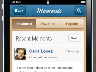 Moments - iPhone Social App app application feed ios iphone leather pattern post social stream tabs texture timeline user wall wood