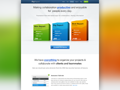 Big Report - Landing Page cms crm features landing page package plans pricing ui