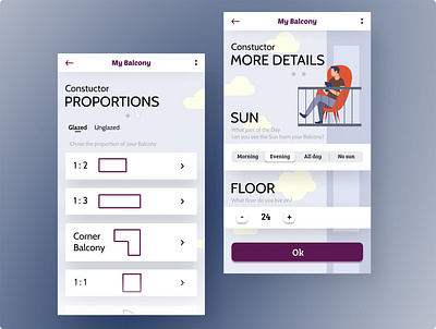 Onboarding screens before starting to use the Constructor app constructor design interior mobile onboarding proportion questions ui