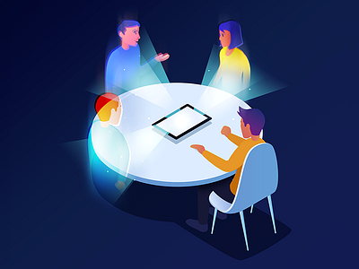 Hologram meeting characters device hologram illustration interview reunion telecom vector