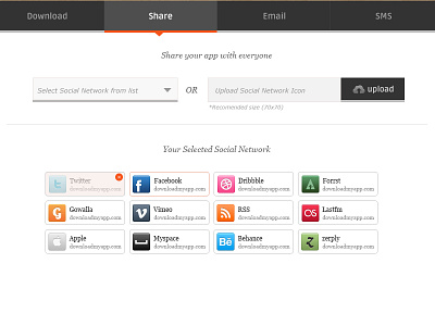 Share on Social Network admin app app ui ux clean ui dribbble dropdown facebook icon set icons product design share share app sms social icons social network icon tabs twitter ui ux upload web app