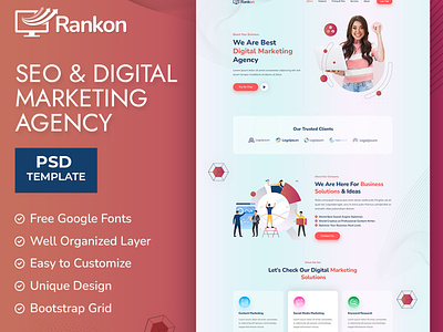 Rankon-SEO and Digital Marketing Agency PSD Template app branding design icon illustration logo typography ui ux vector website