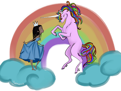 Magical Meeting child clouds design girl illustration princess rainbow unicorn