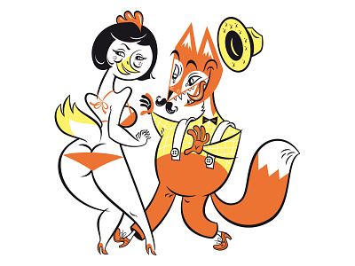 Fox and Chicken Series animal ashi bikini chicken fox hot illustration kobiri music poster retro rocknroll