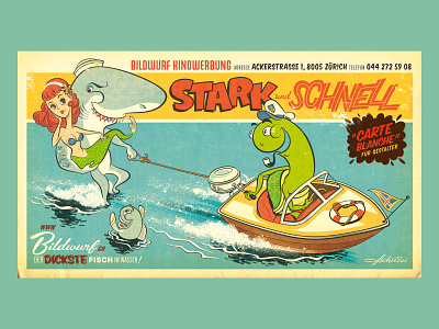 Strong and Fast advertising animal ashi boat comic graphic design graphic novel illustration kobiri mermaid ocean poster retro shark switzerland turtle typography