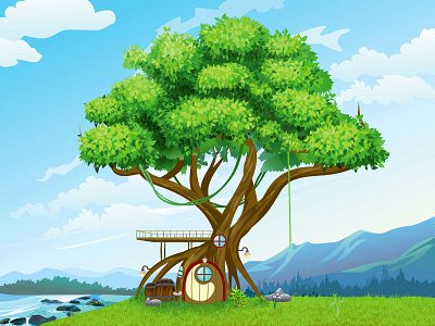 Tree House fantasy illustration landscape tree house vector
