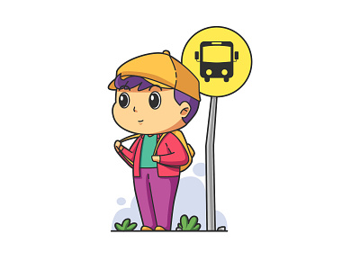 Boy Waiting for School Bus Illustration illustration